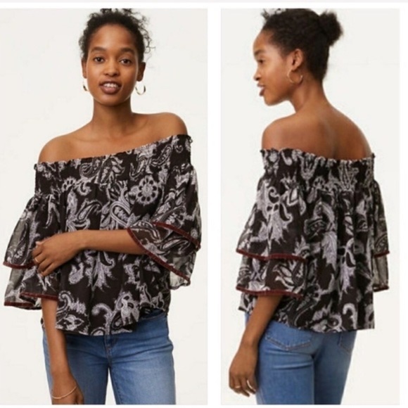 LOFT Black White Ruffle Flare Sleeve Off The Shoulder Top Blouse Size M - Picture 1 of 17